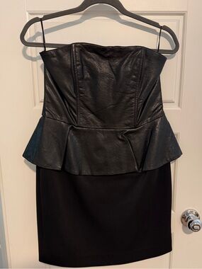 Strapless Black Leather Peplum Mini Dress